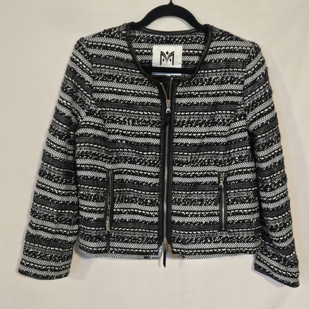 Milly Shimmer Tweed Metal Trim Blazer Size 10 Women's Jacket Black White Silver